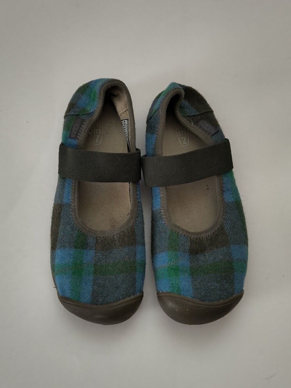 KEEN Womens Plaid Mary Jane Shoes Slip On Green Blue Strap Size 8